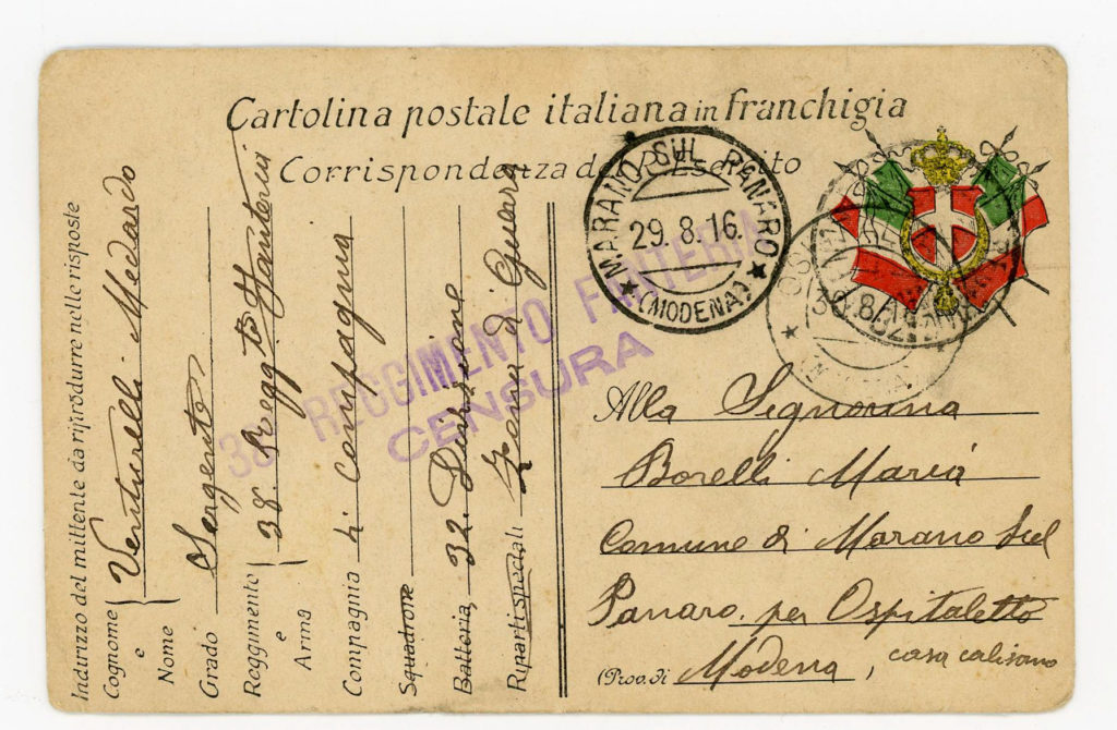 Una cartolina inviata dal soldato Medardo Venturelli alla fidanzata Maria Borelli. Lettere dal fronte.