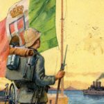 Storia della Libia: Dettaglio di una cartolina propagandistica che esalta i combattenti italiani in Libia durante la guerra italo-turca (1911-1912)