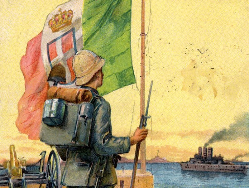 Storia della Libia: Dettaglio di una cartolina propagandistica che esalta i combattenti italiani in Libia durante la guerra italo-turca (1911-1912)