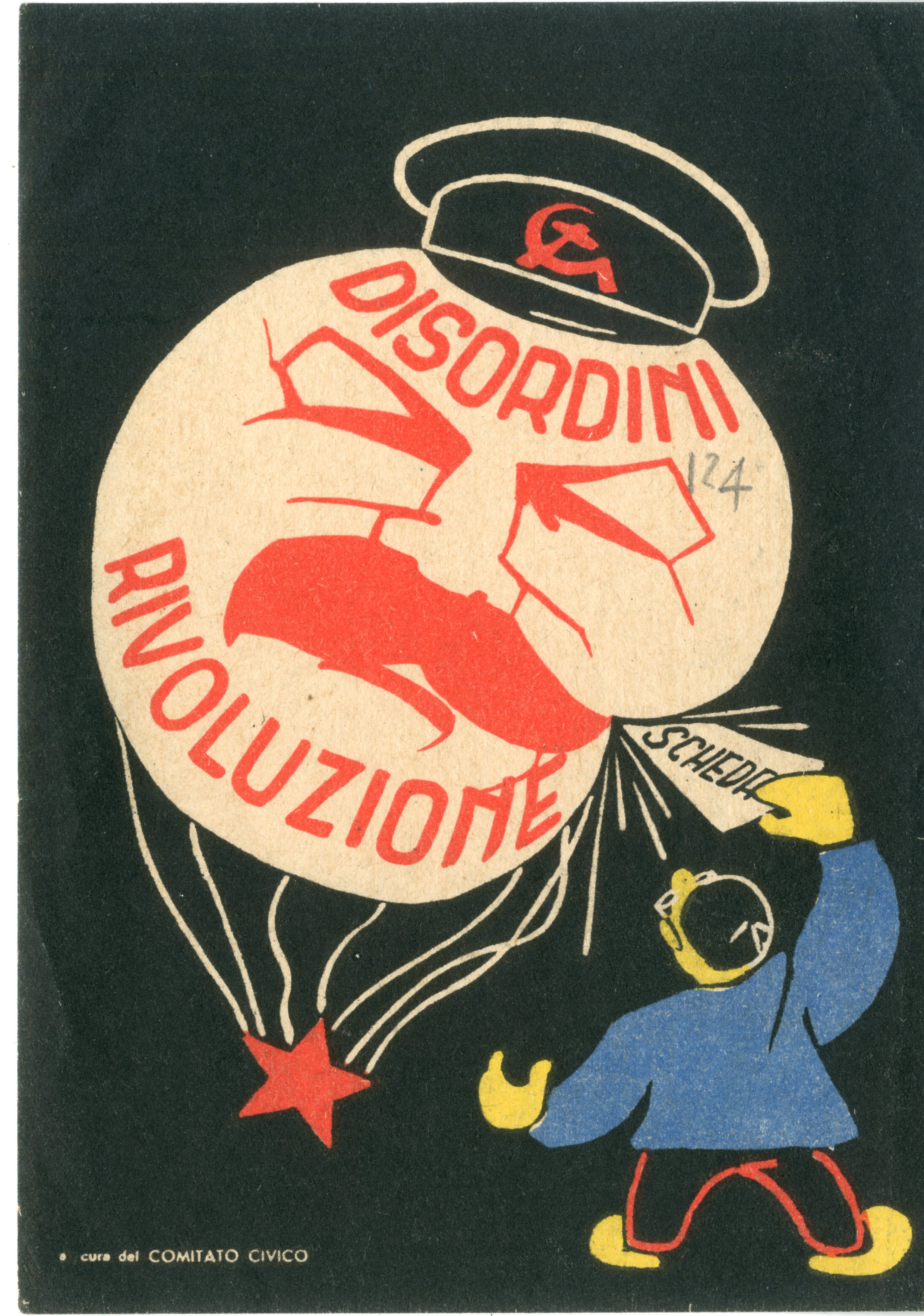 Comunicazione politica. Cartolina dei Comitati civici, che invita gli elettori a votare per sconfiggere la "minaccia" del comunismo nelle elezioni del 1948