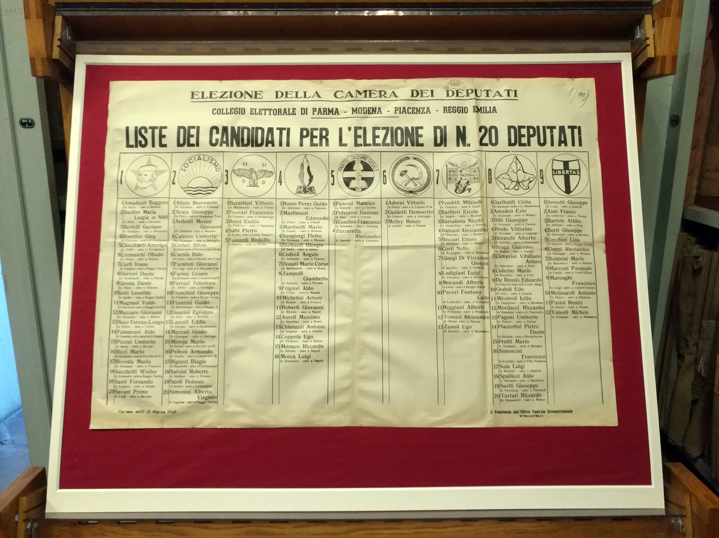 Manifesto con le liste dei candidati a Modena per l'elezione dei deputati, esposto nella mostra 1948 Italia al bivio (Archivio storico del Comune di Modena). Energie diffuse