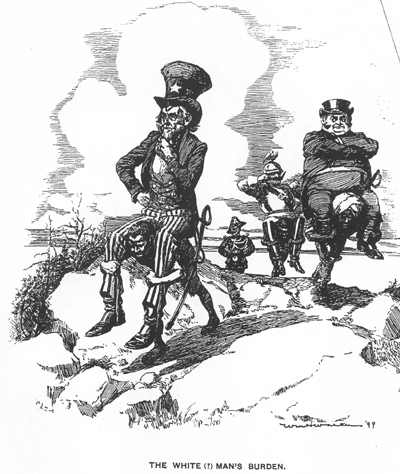 Vignetta che contesta l’idea del “fardello dell’uomo bianco”, rappresentando i ricchi anglo-sassoni sulle spalle dei neri. Immagine da Wikimedia Commons 