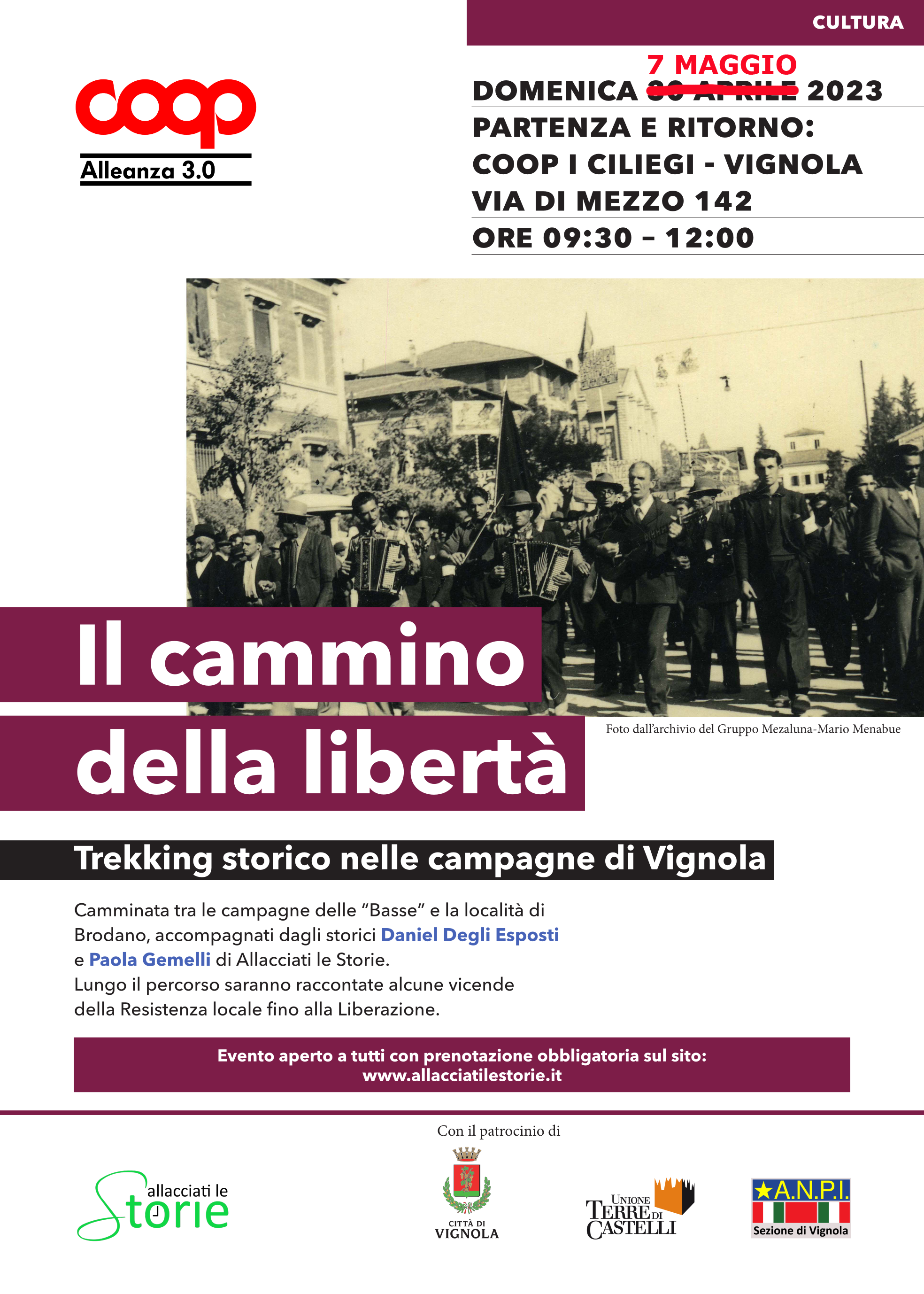 Locandina del trekking storico "Il cammino della libertà", in programma a Vignola il 7 maggio 2023