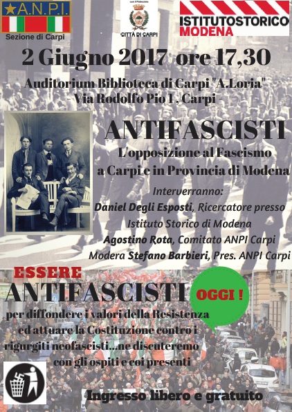 Antifascista: la locandina dell'evento del 2 giugno a Carpi