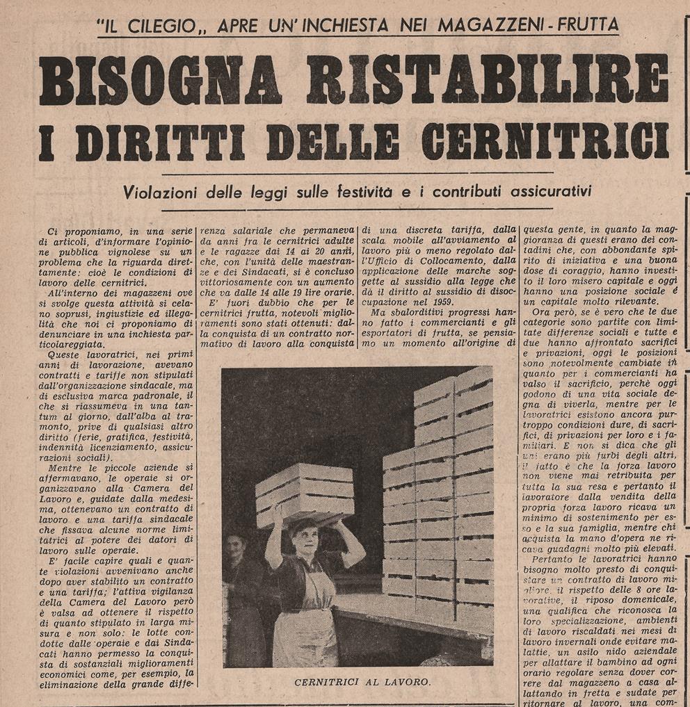 Storia di Vignola: articolo sui diritti delle cernitrici