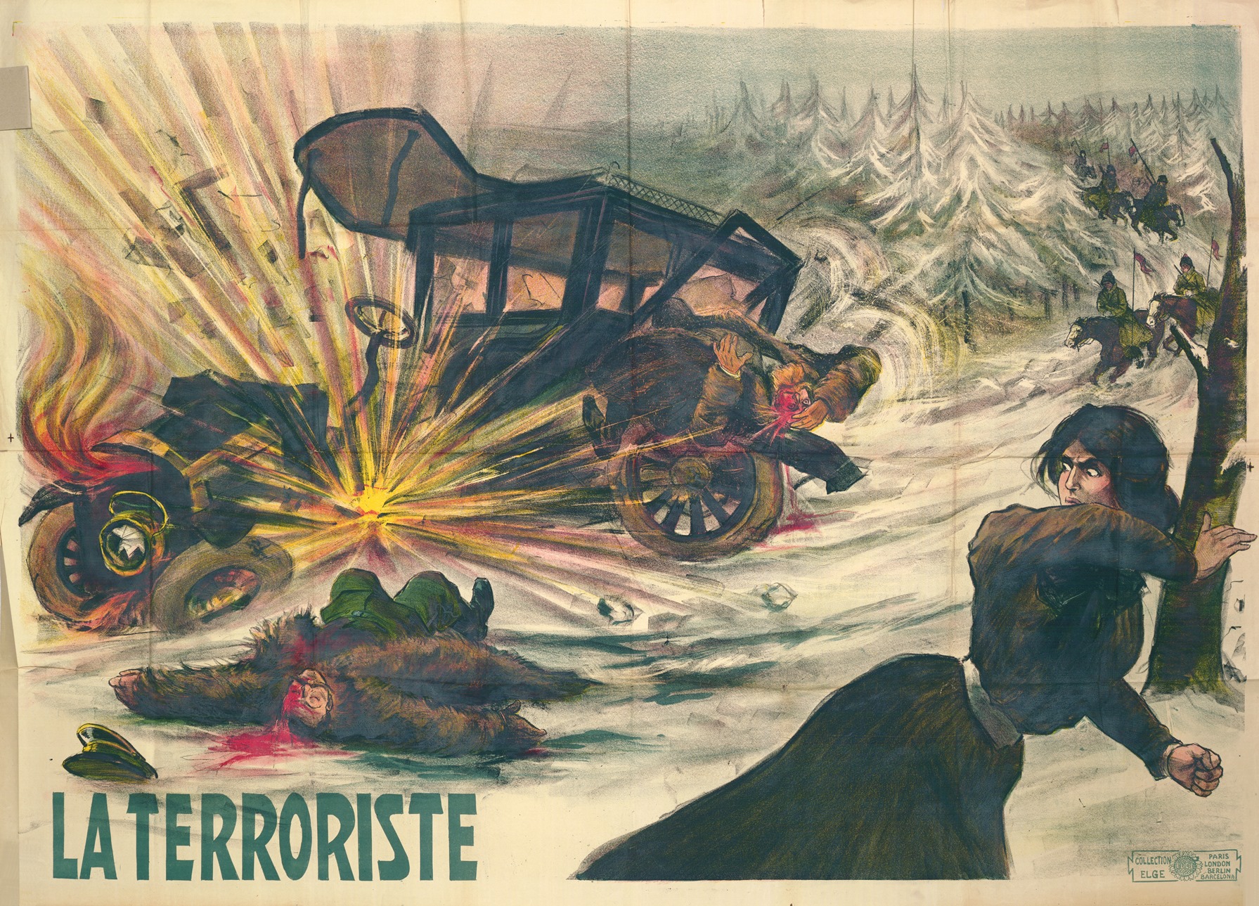 Storia del terrorismo in Italia. Poster a colori del 1909-1910 che rappresenta un attentato nelle strade di Varsavia, attribuendone la responsabilità a una terrorista. Quest'immagine ha permesso di riflettere sulle modalità di rappresentazione del terrorismo nell'Europa di inizio del Novecento.