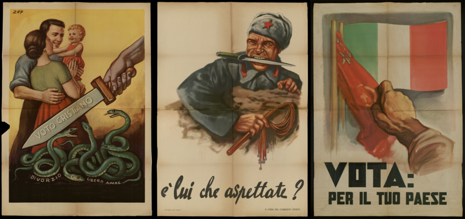 Manifesti di propaganda anticomunisti, esposti nella mostra 1948 Italia al bivio (Biblioteca Poletti - Fondo Tonini). Energie diffuse