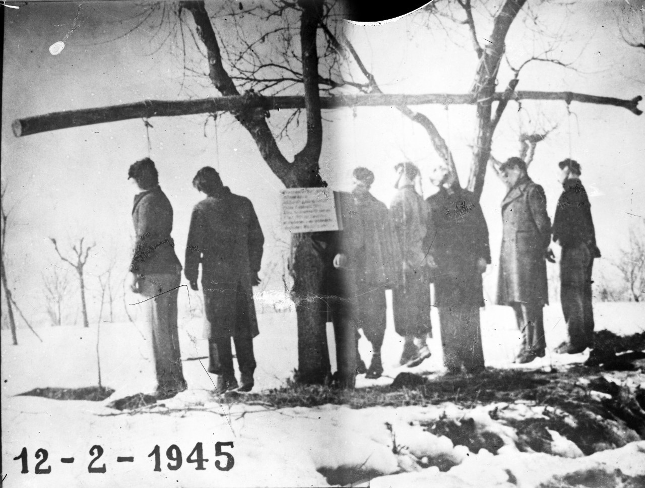 Storia di Vignola dalla Resistenza alla ricostruzione. Gli otto partigiani impiccati a Pratomaggiore il 12 febbraio 1945. La foto è stata scattata clandestinamente dal presidente del CLN di Vignola, Antonio Zagnoli, con l'assistenza del partigiano spilambertese Gino Roncaglia, ed è conservata presso l'archivio del Gruppo di documentazione vignolese Mezaluna-Mario Menabue