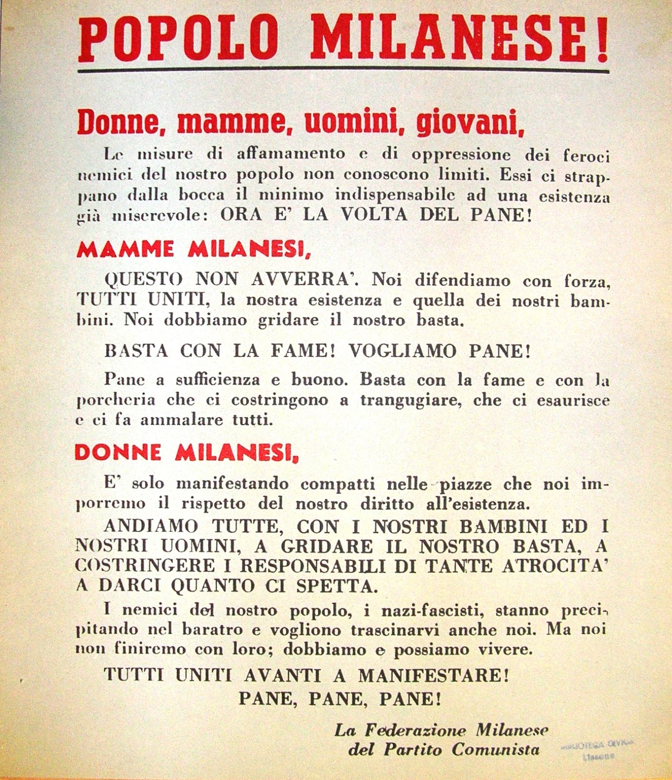 Manifesto clandestino della Federazione comunista milanese che chiama il popolo - e in particolare le donne - a manifestare per avere pane e pace - contro la guerra