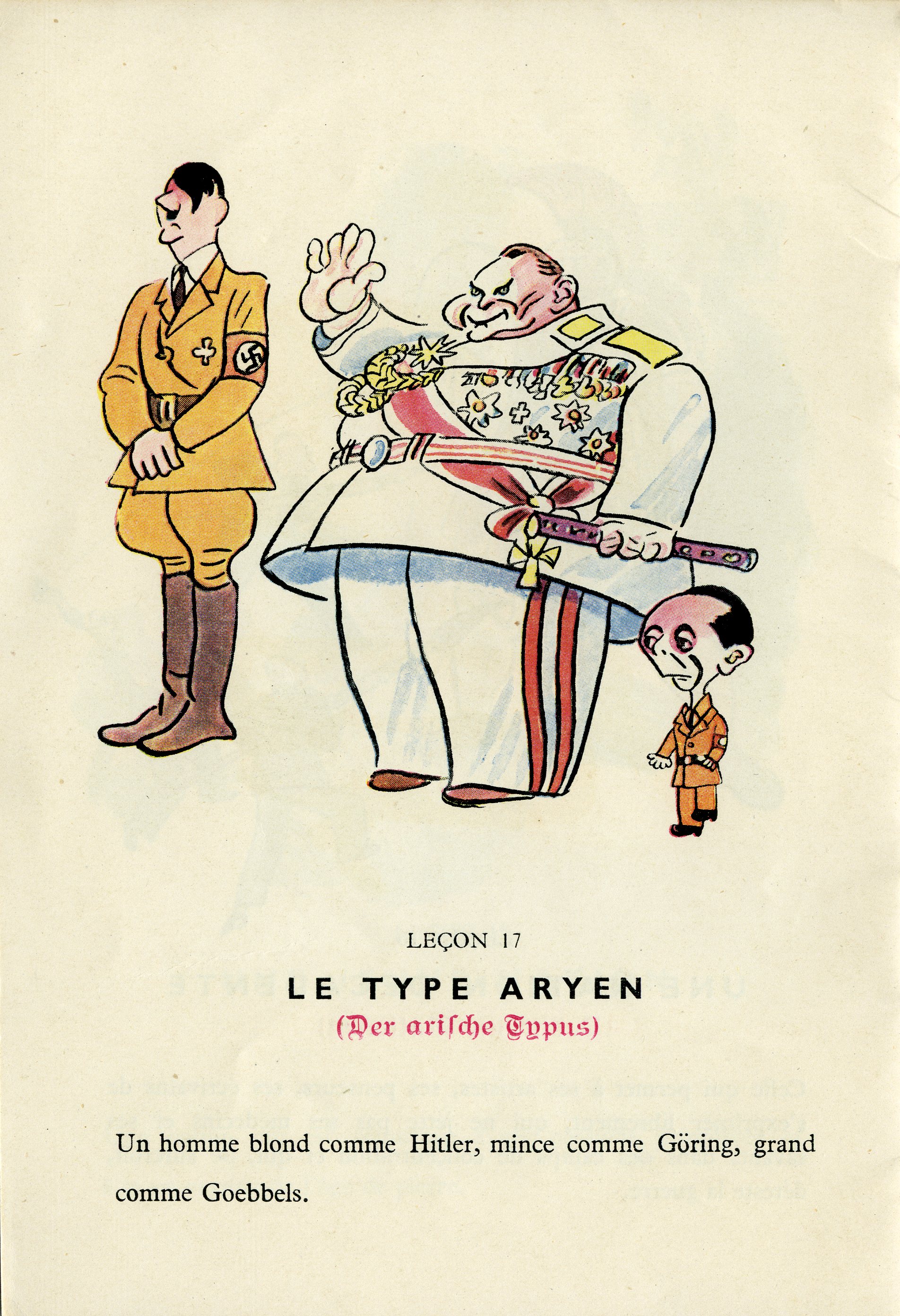 Vignetta francese, realizzata per contestare la politica razziale del nazismo. Il "tipo ariano" sarebbe infatti "un uomo biondo come Hitler, magro come Goering e alto come Goebbels" - didattica Giorno della Memoria