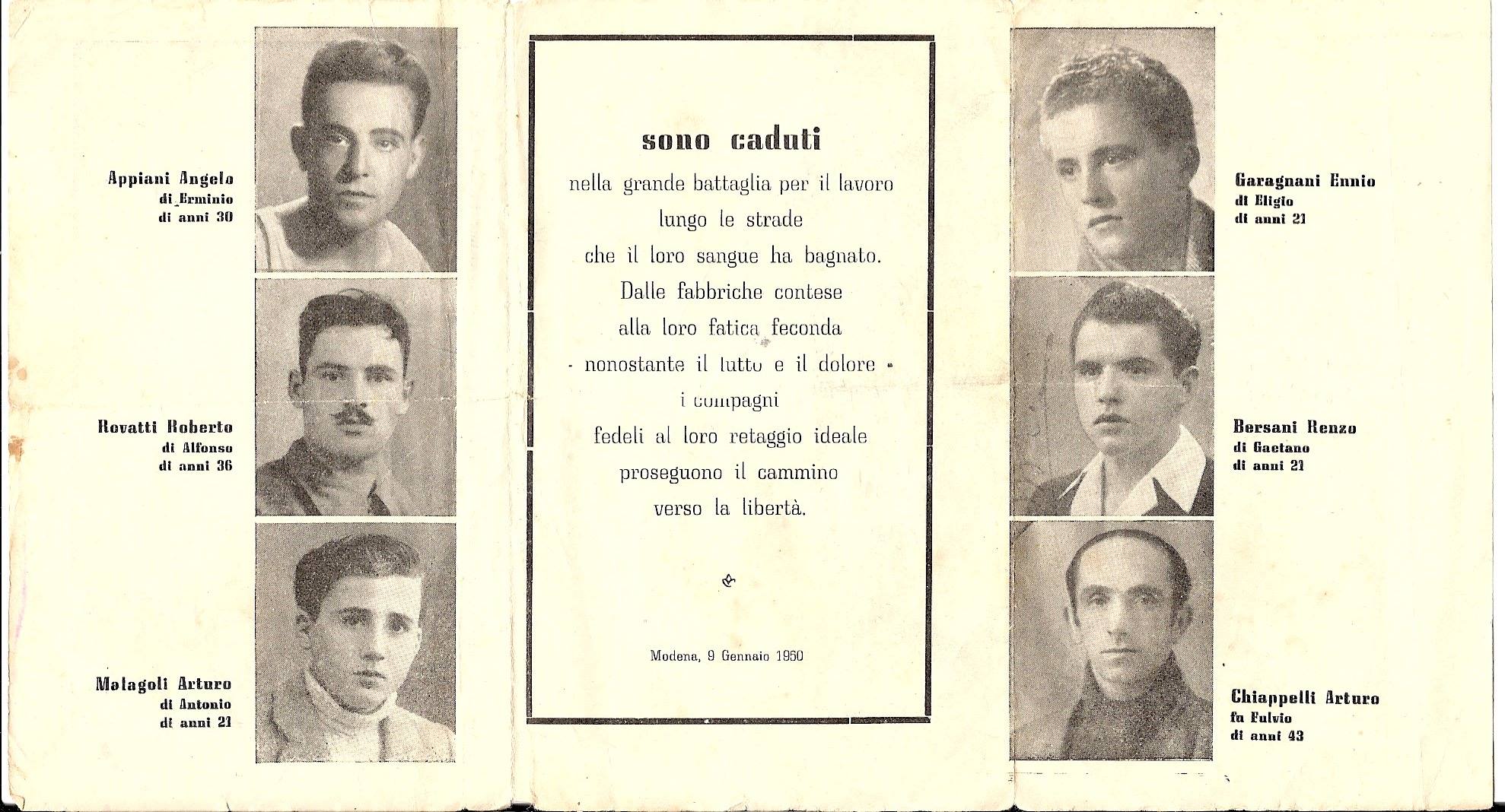 Ricordo dei sei manifestanti uccisi il 9 gennaio 1950 a Modena, nella zona delle Fonderie Riunite. Foto via Wikimedia Commons
