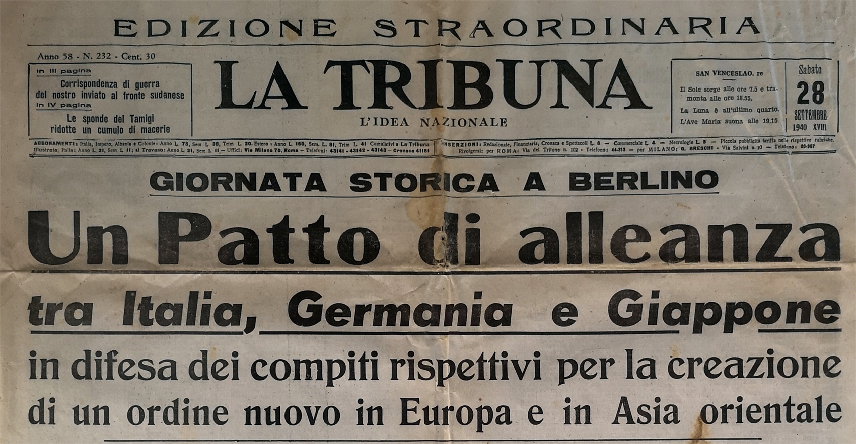28 settembre 1940: la prima pagina del quotidiano La Tribuna sulla stipula del patto tripartito. Immagine di Gianluca T., CC-BY-SA 4.0