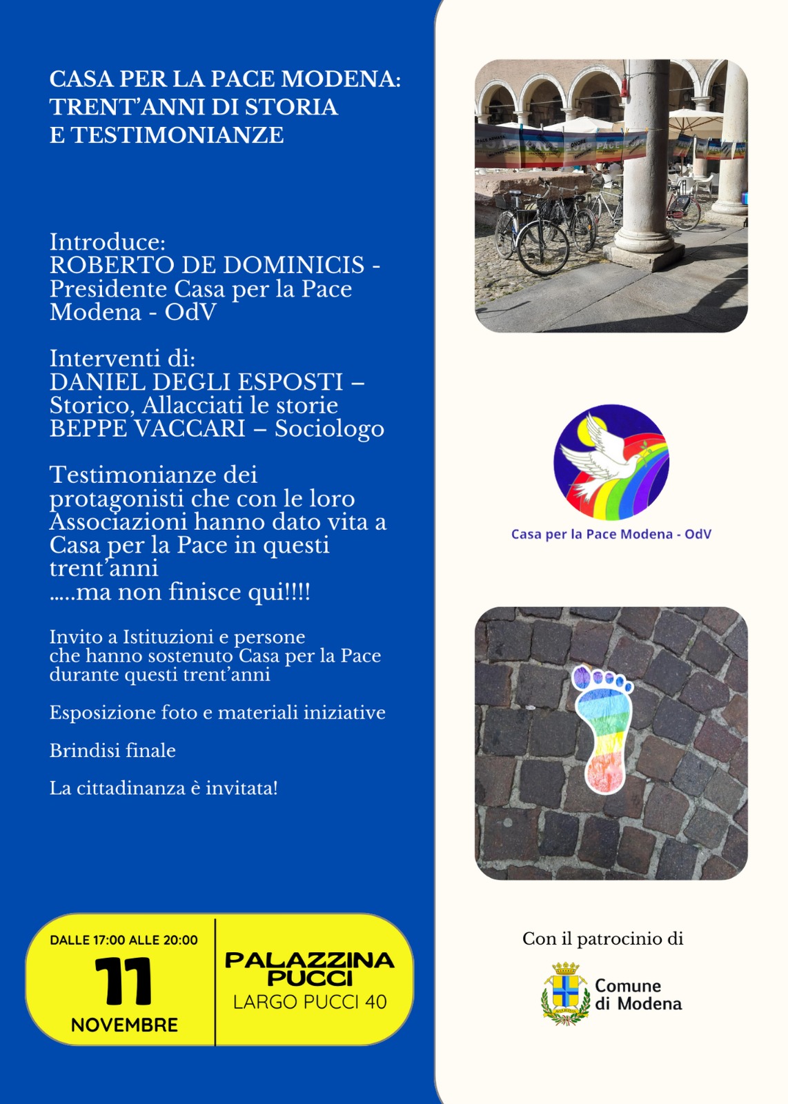 L'iniziativa dell'11 novembre 2023 per i trent'anni di Casa per la Pace Modena OdV